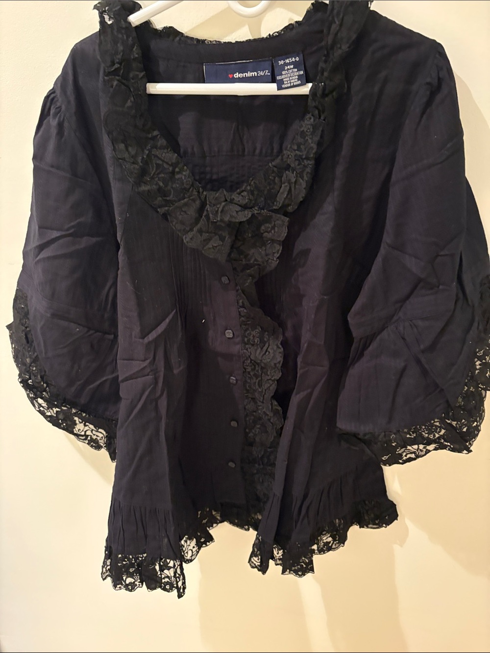 Denim 24/7 Black Lace-Trim Ruffled Button-Front Blouse